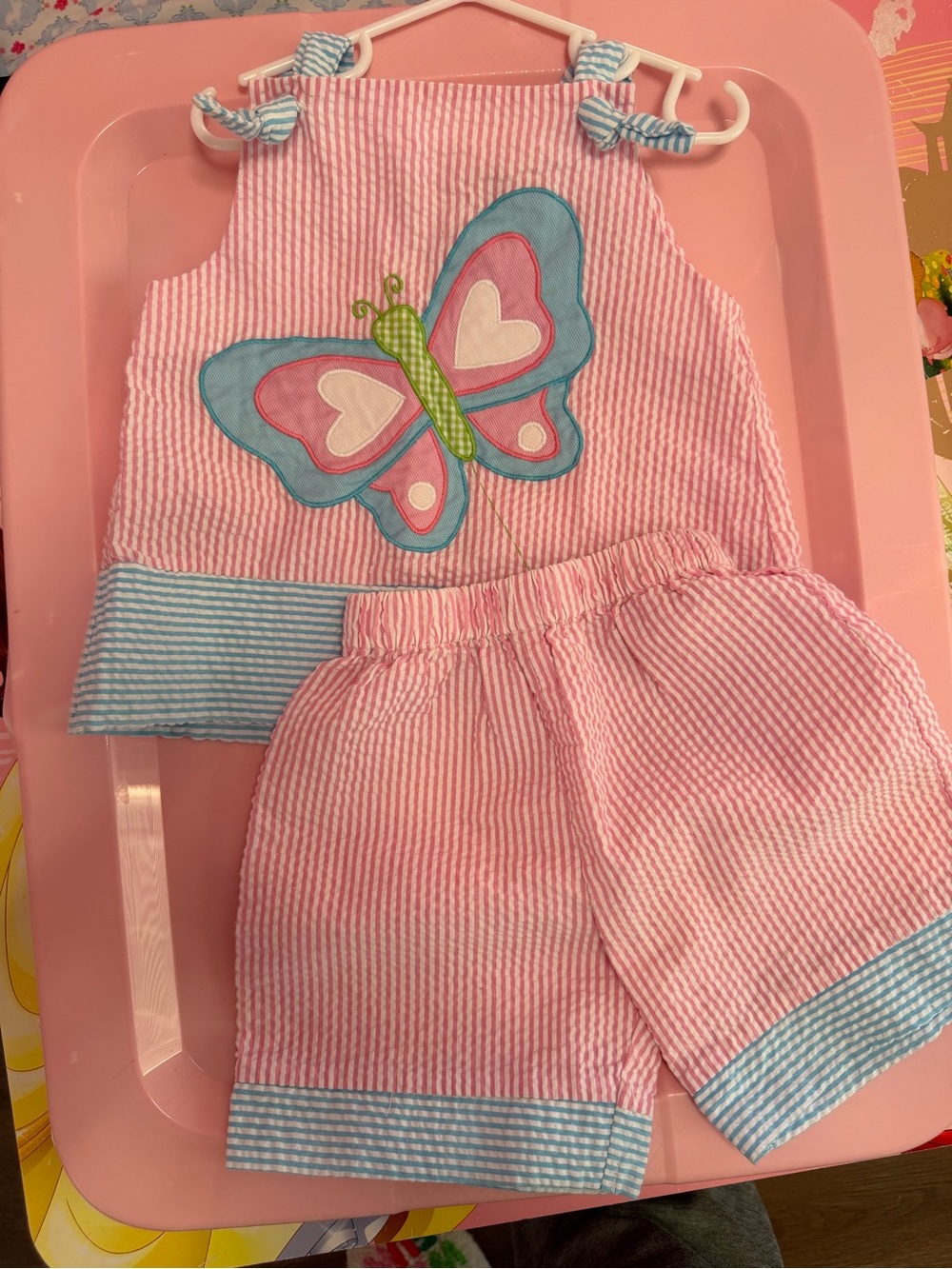 Pink Seersucker Butterfly Tank & Shorts Set